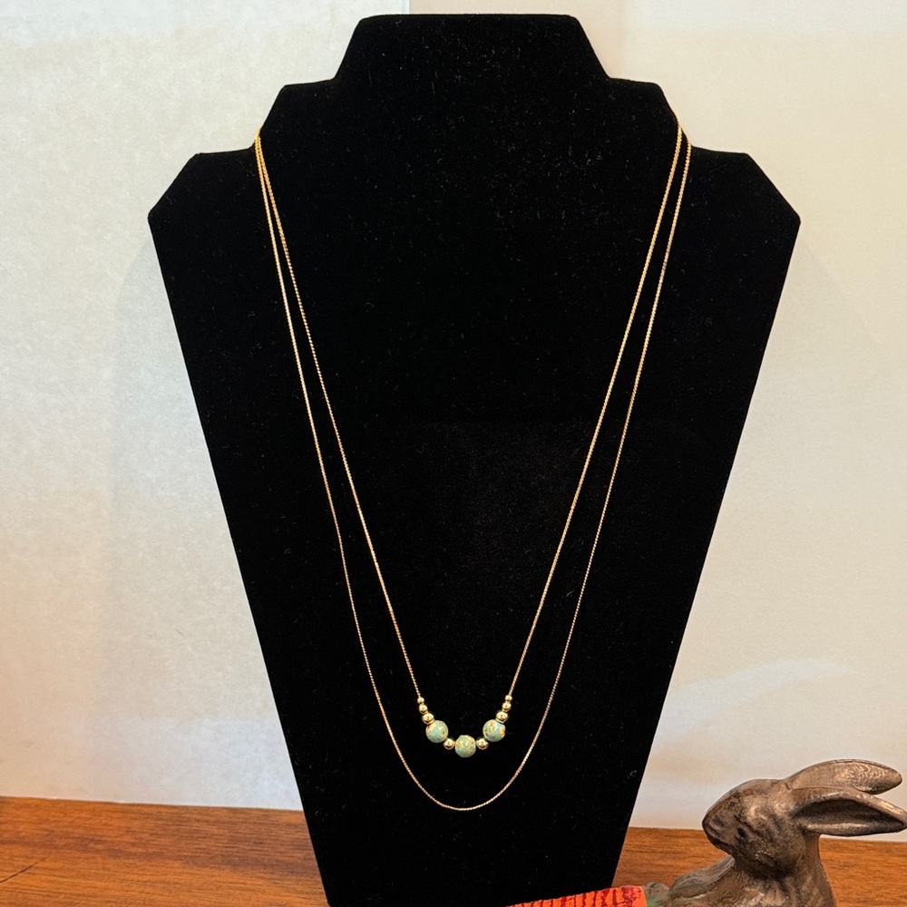 Gold, Two-Strand Beaded Necklace with Blue and Floral Accents